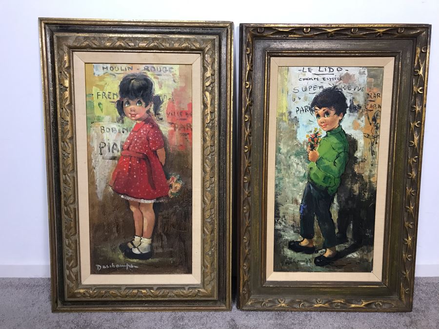 Pair Of Original Vintage Gold Framed French Deschamps Paintings From Van Pelt Art Galleries In Beverly Hills 12 x 24 Ea (OFS) [Photo 1]