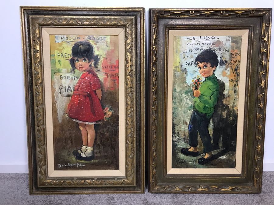 Pair Of Original Vintage Gold Framed French Deschamps Paintings From Van Pelt Art Galleries In Beverly Hills 12 x 24 Ea (OFS) [Photo 2]