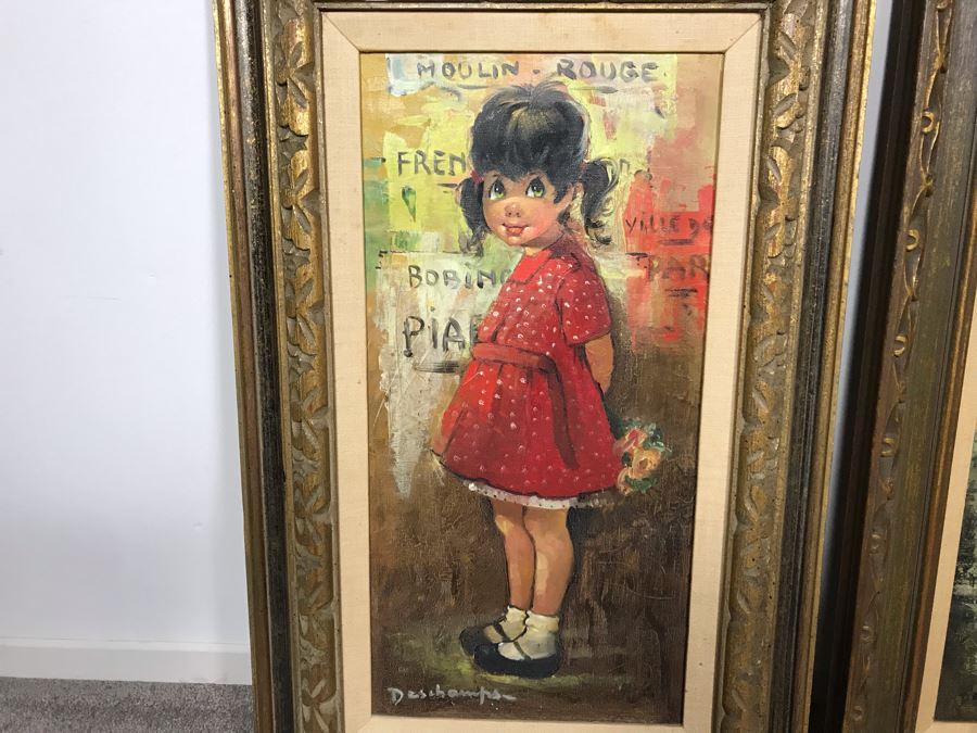 Pair Of Original Vintage Gold Framed French Deschamps Paintings From Van Pelt Art Galleries In Beverly Hills 12 x 24 Ea (OFS) [Photo 4]
