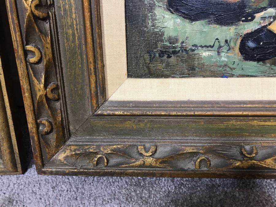 Pair Of Original Vintage Gold Framed French Deschamps Paintings From Van Pelt Art Galleries In Beverly Hills 12 x 24 Ea (OFS) [Photo 14]