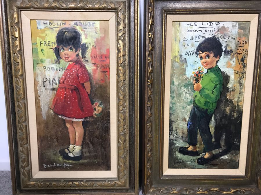 Pair Of Original Vintage Gold Framed French Deschamps Paintings From Van Pelt Art Galleries In Beverly Hills 12 x 24 Ea (OFS) [Photo 3]