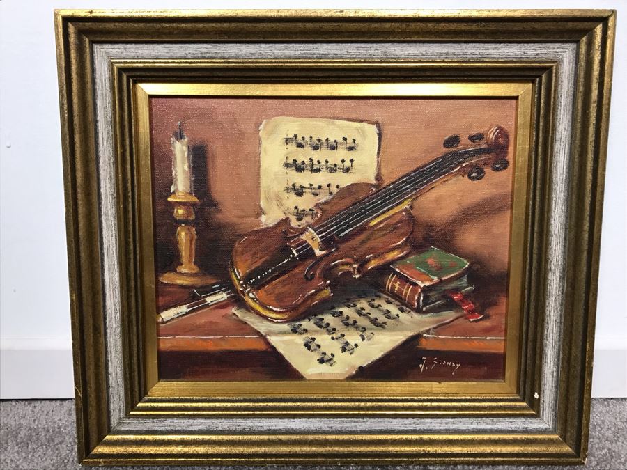 Framed Painting Of Violin And Sheet Music From Van Pelt Galleries In Beverly Hills 12 X 10 (OFS)