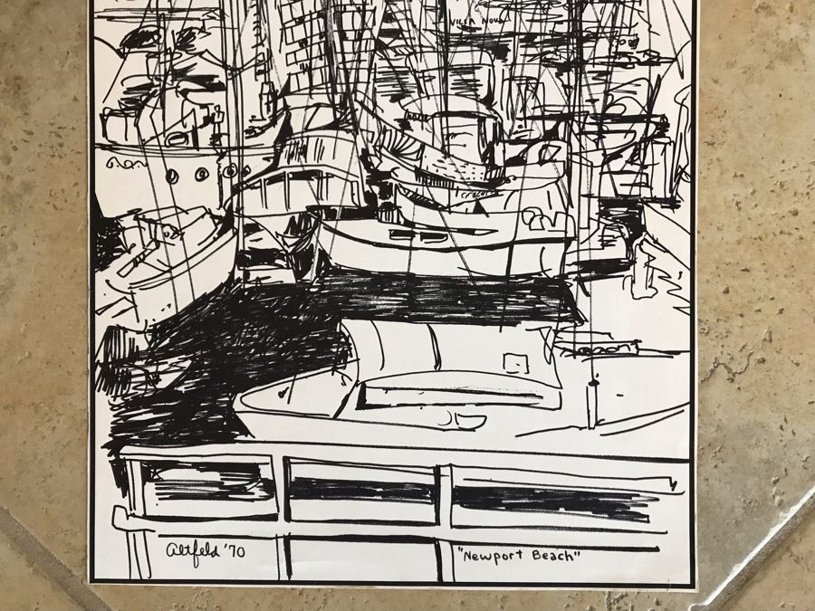 Original Merwin Altfeld (1931-2007) Vintage 1970 Ink Drawing Titled 'Newport Beach' 11 X 14 (JKE) [Photo 2]
