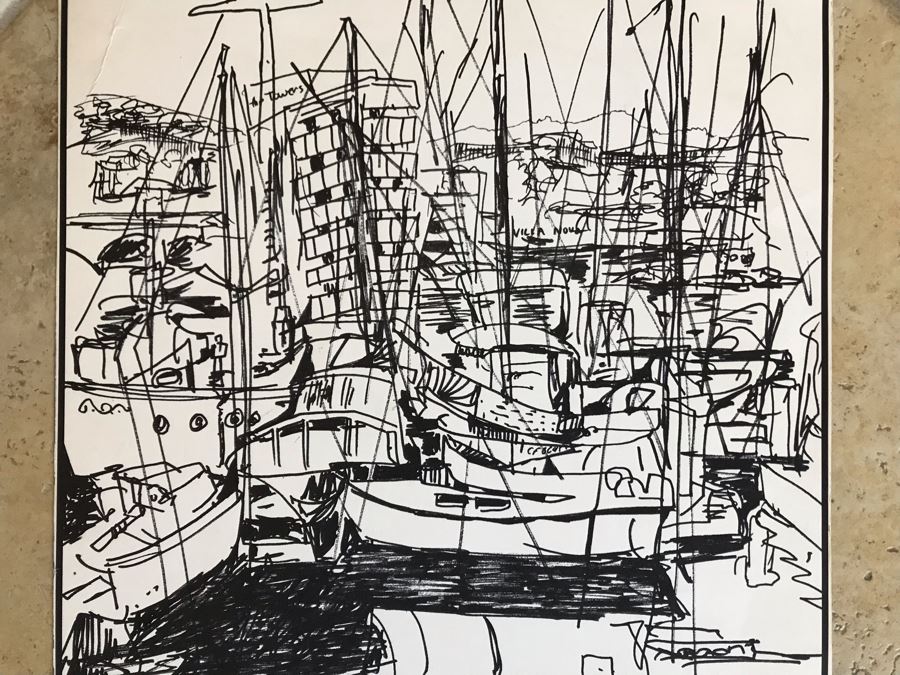 Original Merwin Altfeld (1931-2007) Vintage 1970 Ink Drawing Titled 'Newport Beach' 11 X 14 (JKE) [Photo 3]
