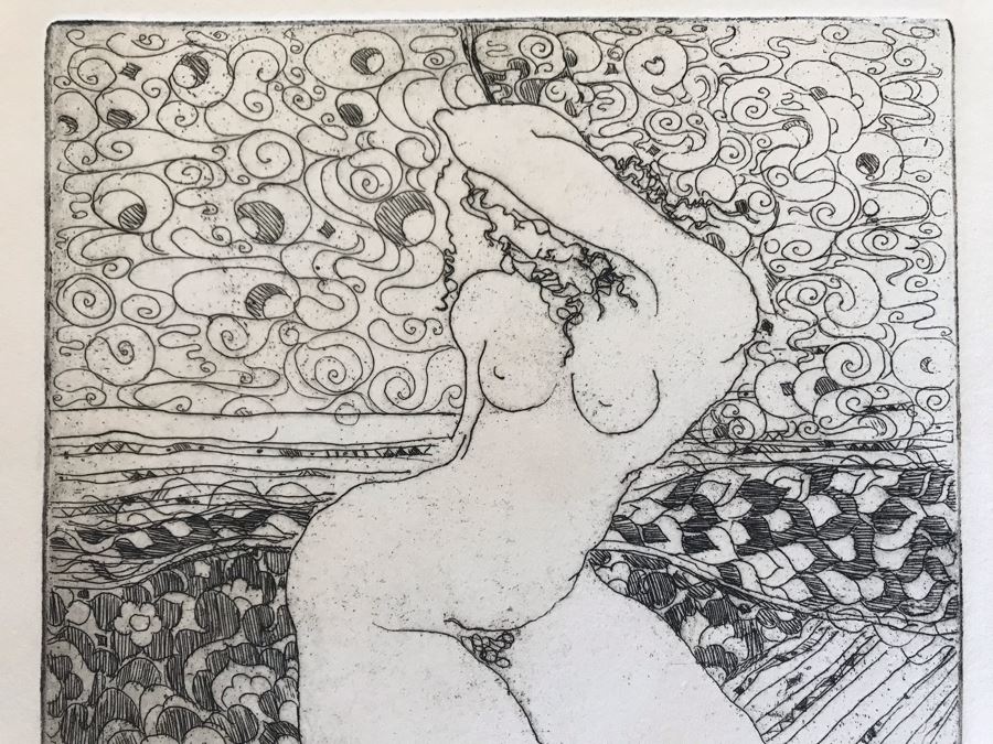 Vintage 1976 Hand Signed Nude Sixties Vibe Etching Titled 'Waking' Signed By Artist 8 X 9 (JKE) [Photo 2]
