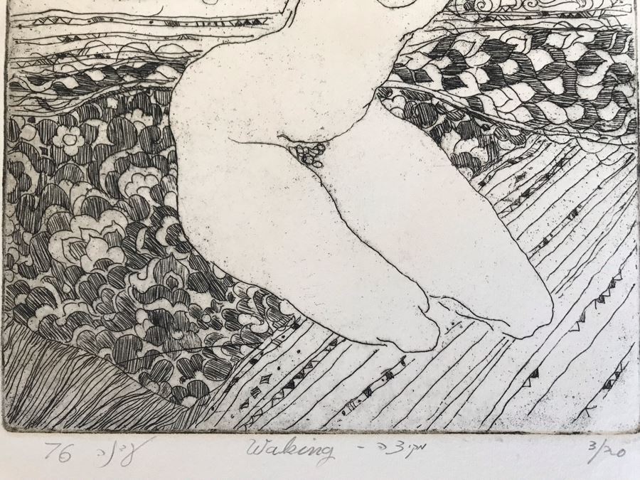 Vintage 1976 Hand Signed Nude Sixties Vibe Etching Titled 'Waking' Signed By Artist 8 X 9 (JKE) [Photo 3]