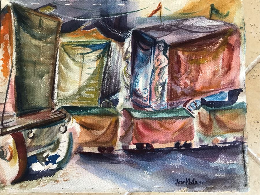 Original Jean Klafs Watercolor Painting Of Circus Sideshow Wagons Vintage 1955 30 X 13.5 [Photo 4]