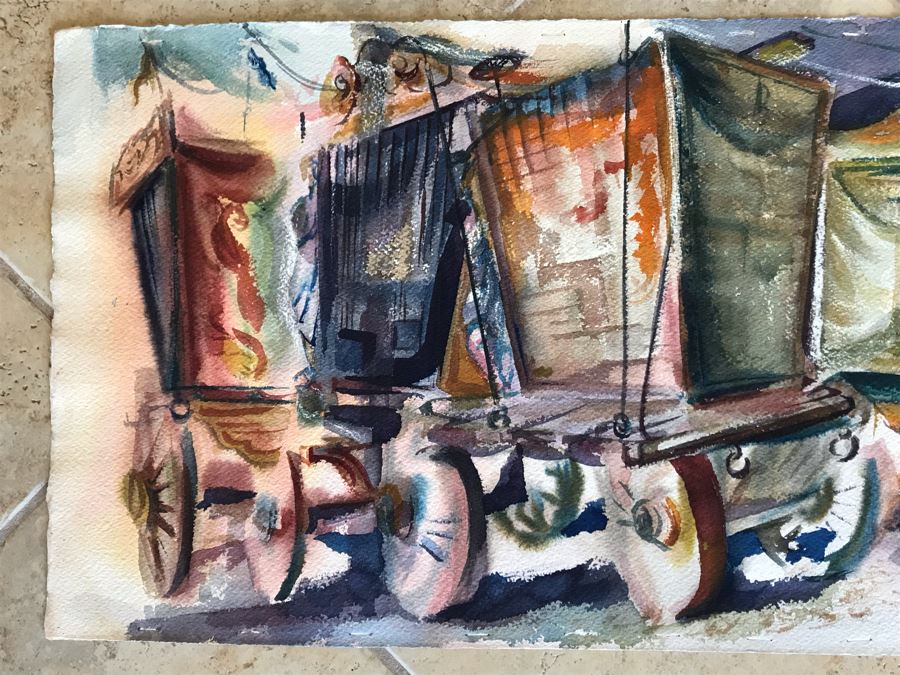 Original Jean Klafs Watercolor Painting Of Circus Sideshow Wagons Vintage 1955 30 X 13.5 [Photo 2]