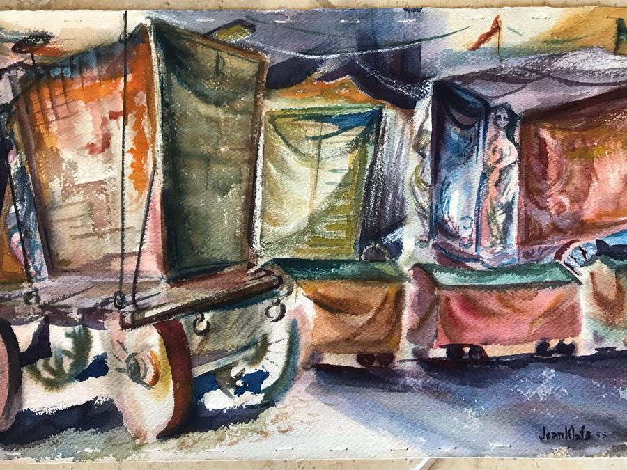 Original Jean Klafs Watercolor Painting Of Circus Sideshow Wagons Vintage 1955 30 X 13.5 [Photo 3]