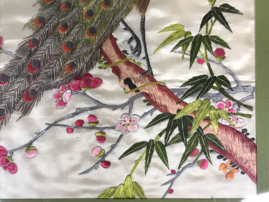 JUST ADDED - Vintage Chinese Silk Embroidery Artwork Of Peacocks In Tree In Gold Wooden Frame 17 X 20 [Photo 7]