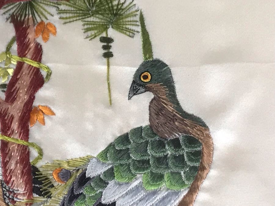 JUST ADDED - Vintage Chinese Silk Embroidery Artwork Of Peacocks In Tree In Gold Wooden Frame 17 X 20 [Photo 5]