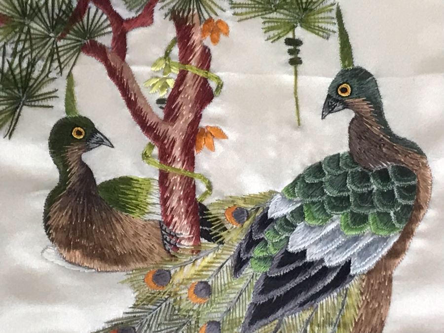 JUST ADDED - Vintage Chinese Silk Embroidery Artwork Of Peacocks In Tree In Gold Wooden Frame 17 X 20 [Photo 4]