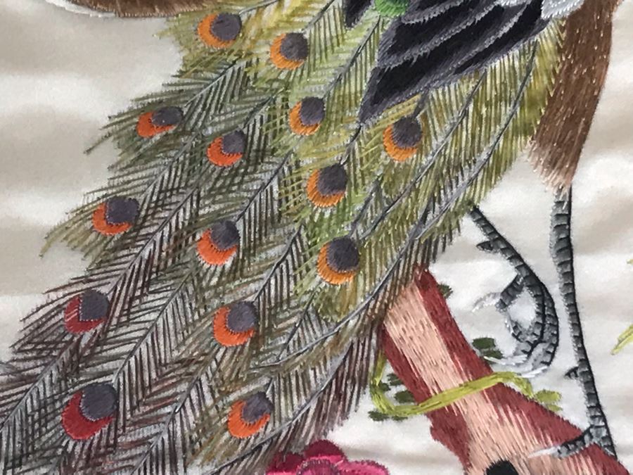 JUST ADDED - Vintage Chinese Silk Embroidery Artwork Of Peacocks In Tree In Gold Wooden Frame 17 X 20 [Photo 6]