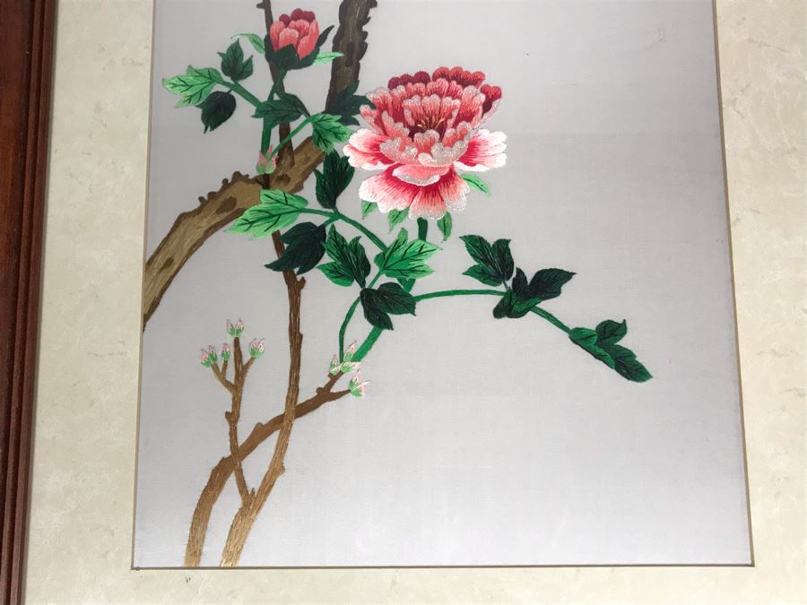 JUST ADDED - Vintage Chinese Silk Embroidery Artwork Of Peacocks In Tree In Wooden Frame 12 X 29 [Photo 11]