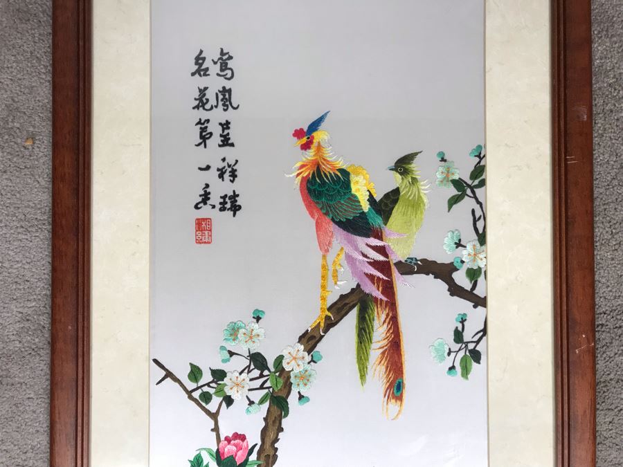 JUST ADDED - Vintage Chinese Silk Embroidery Artwork Of Peacocks In Tree In Wooden Frame 12 X 29 [Photo 3]