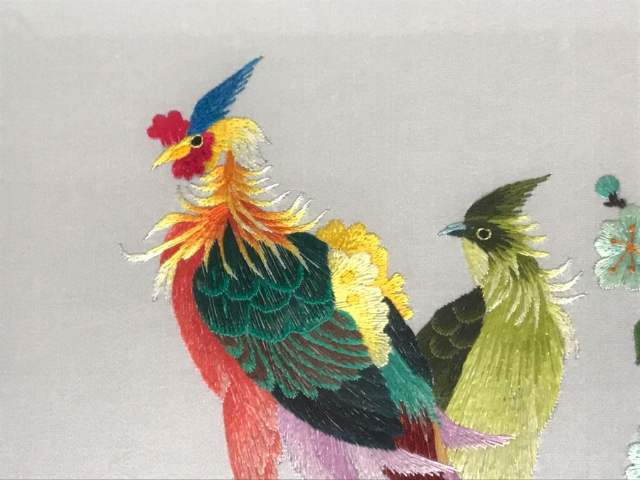 JUST ADDED - Vintage Chinese Silk Embroidery Artwork Of Peacocks In Tree In Wooden Frame 12 X 29 [Photo 7]