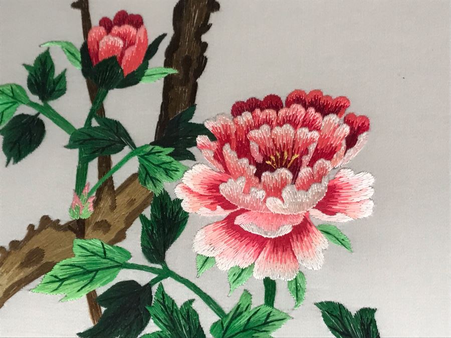 JUST ADDED - Vintage Chinese Silk Embroidery Artwork Of Peacocks In Tree In Wooden Frame 12 X 29 [Photo 8]