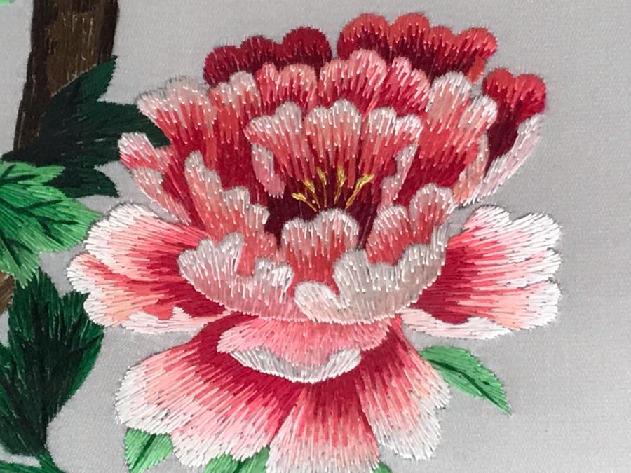 JUST ADDED - Vintage Chinese Silk Embroidery Artwork Of Peacocks In Tree In Wooden Frame 12 X 29 [Photo 9]