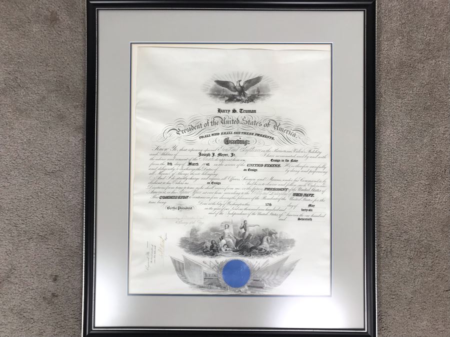 JUST ADDED - Vintage 1945 Framed Naval Appointment To Ensign Of Joseph J. Meyer Jr. Document Signed By Secretary Of The Navy James Forrestal 21 X 25 [Photo 2]