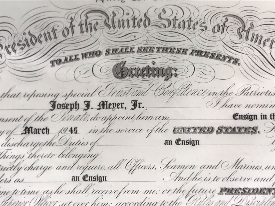 JUST ADDED - Vintage 1945 Framed Naval Appointment To Ensign Of Joseph J. Meyer Jr. Document Signed By Secretary Of The Navy James Forrestal 21 X 25 [Photo 6]
