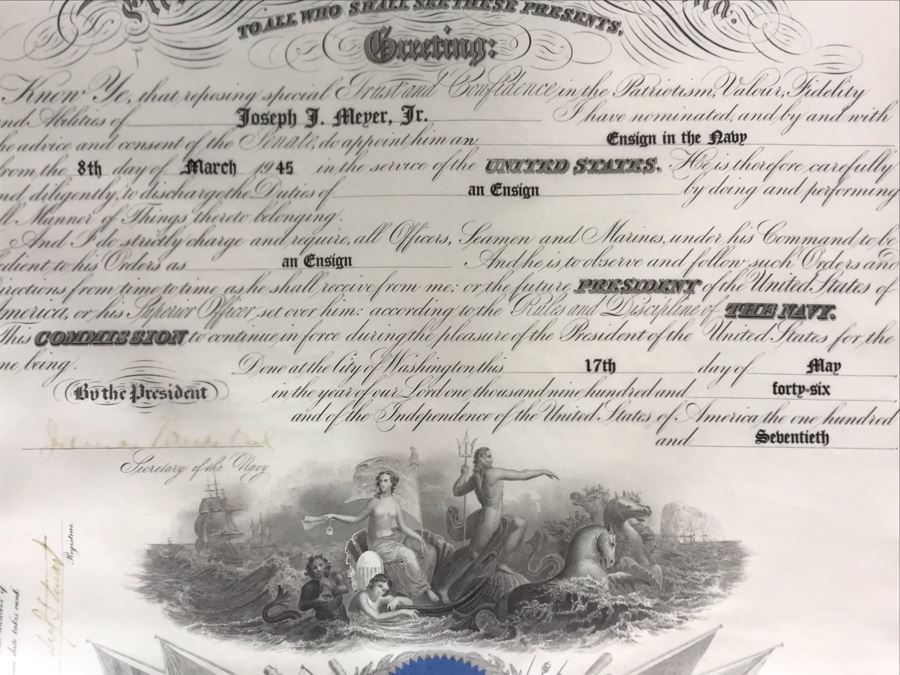 JUST ADDED - Vintage 1945 Framed Naval Appointment To Ensign Of Joseph J. Meyer Jr. Document Signed By Secretary Of The Navy James Forrestal 21 X 25 [Photo 7]