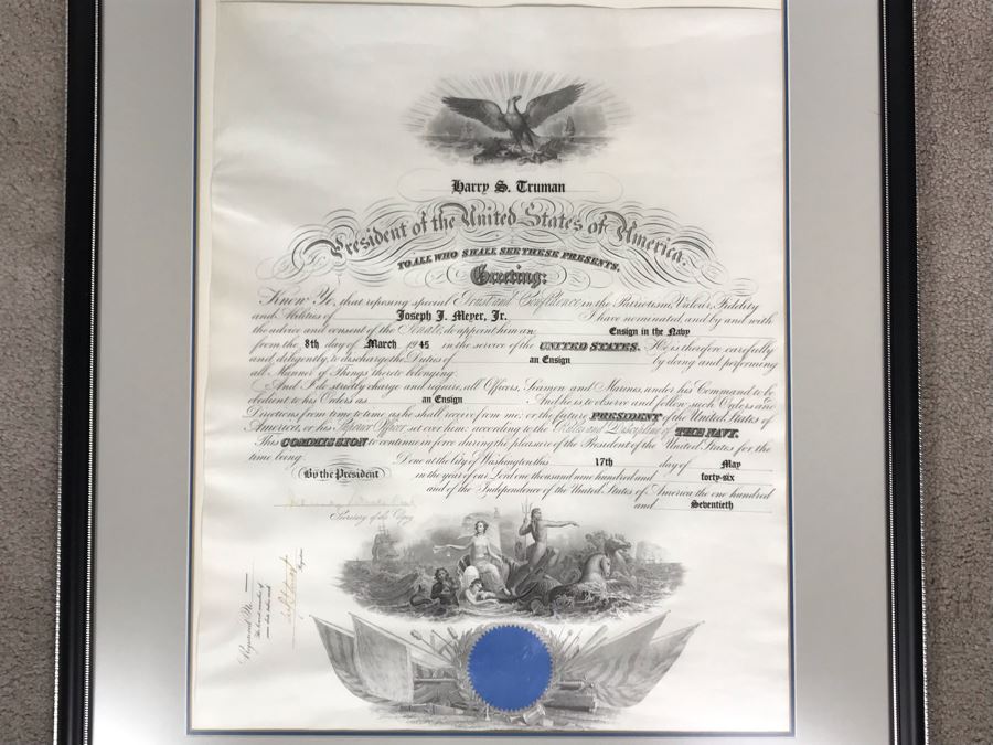 JUST ADDED - Vintage 1945 Framed Naval Appointment To Ensign Of Joseph J. Meyer Jr. Document Signed By Secretary Of The Navy James Forrestal 21 X 25 [Photo 1]