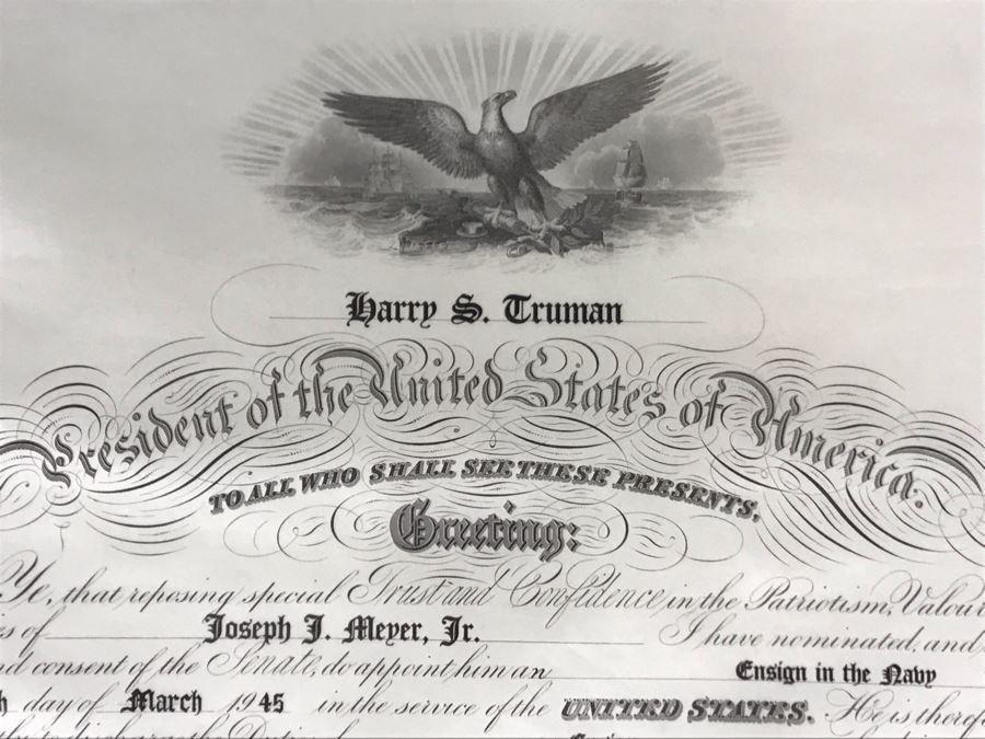 JUST ADDED - Vintage 1945 Framed Naval Appointment To Ensign Of Joseph J. Meyer Jr. Document Signed By Secretary Of The Navy James Forrestal 21 X 25 [Photo 3]