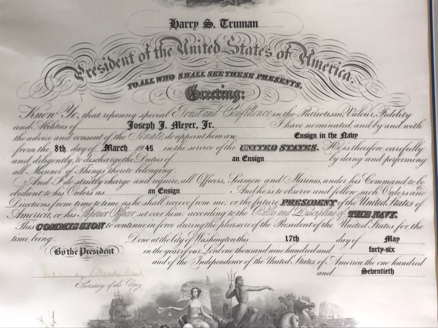 JUST ADDED - Vintage 1945 Framed Naval Appointment To Ensign Of Joseph J. Meyer Jr. Document Signed By Secretary Of The Navy James Forrestal 21 X 25 [Photo 5]
