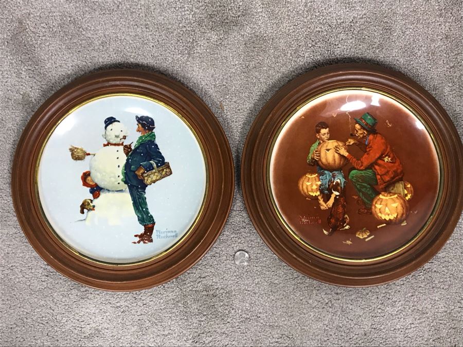 JUST ADDED - Pair Of Framed Vintage 1976 Limited Edition Norman Rockwell Gorham Fine China Plates 13.5R (OFS)