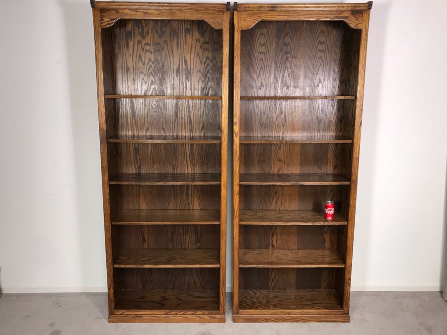 JUST ADDED - Pair Of Oak Bookcases Bookshelves 33W X 12.5D X 85.5H (OFS)