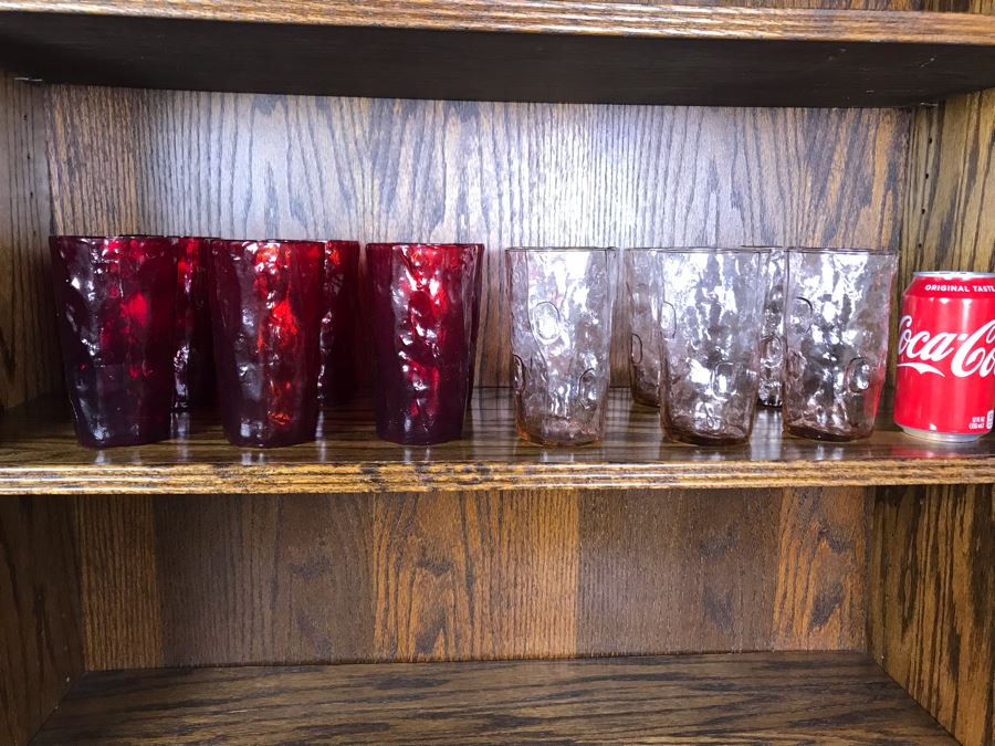 JUST ADDED - (12) Vintage Mid-Century Glasses (6 Pink Glasses, 6 Red Glasses) 5.5H [Photo 1]