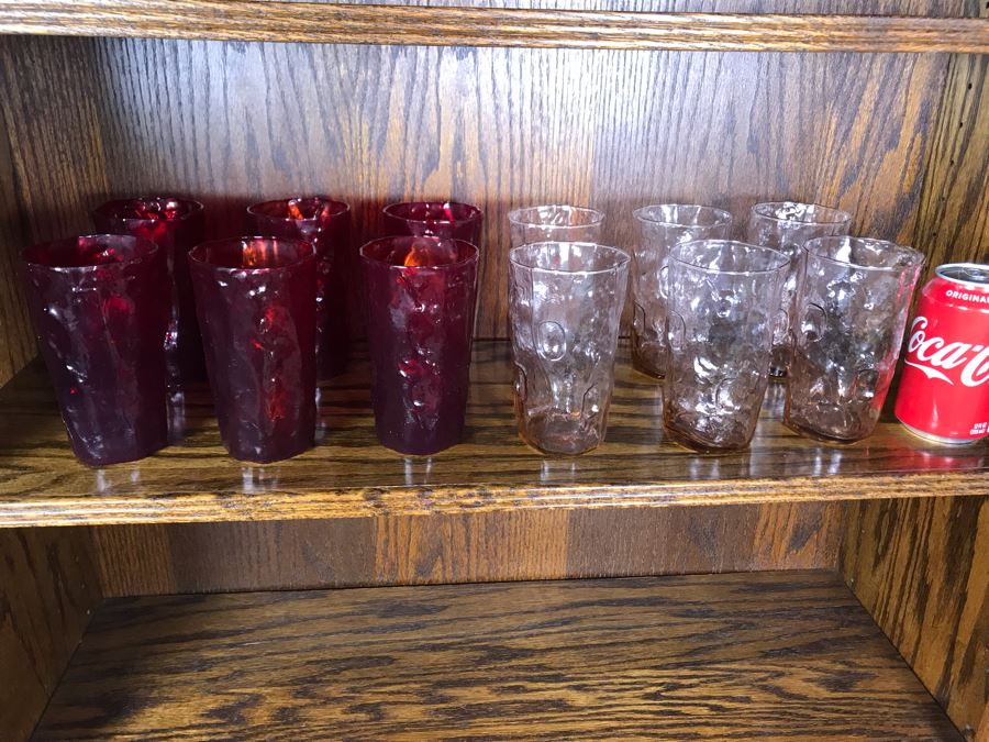JUST ADDED - (12) Vintage Mid-Century Glasses (6 Pink Glasses, 6 Red Glasses) 5.5H [Photo 9]