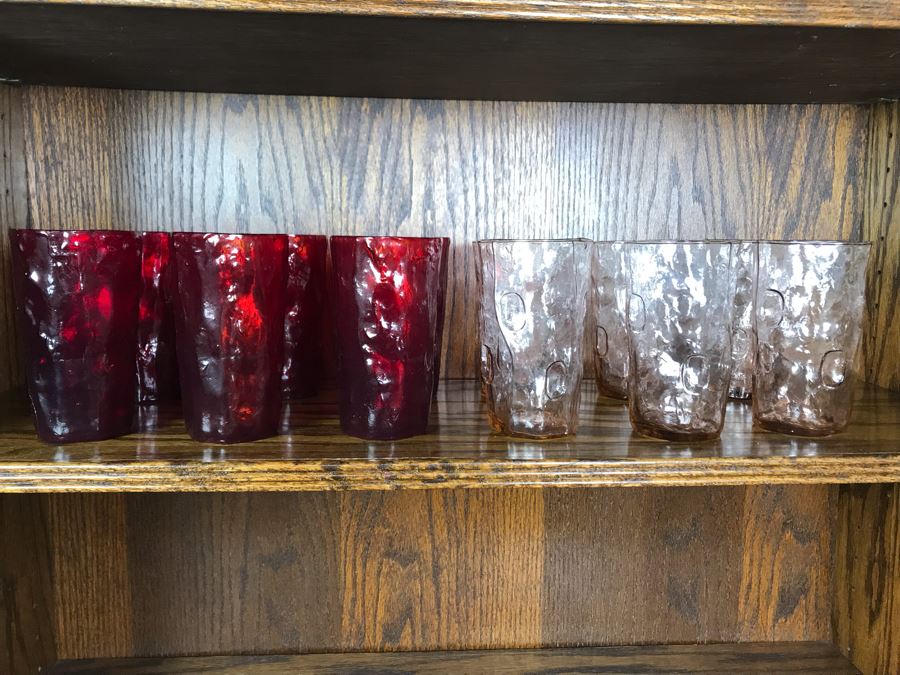 JUST ADDED - (12) Vintage Mid-Century Glasses (6 Pink Glasses, 6 Red Glasses) 5.5H [Photo 4]