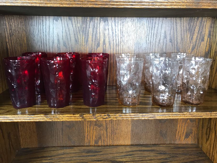 JUST ADDED - (12) Vintage Mid-Century Glasses (6 Pink Glasses, 6 Red Glasses) 5.5H [Photo 3]