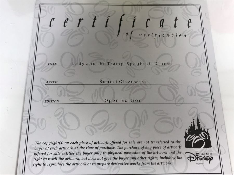 HAND SIGNED By Robert Olszewski Disney's Lady And The Tramp Spaghetti Dinner Scene Gallery Of Light With Certificate Of Authenticity And Box DP-GL005 (Last One Sold For $345) [Photo 9]