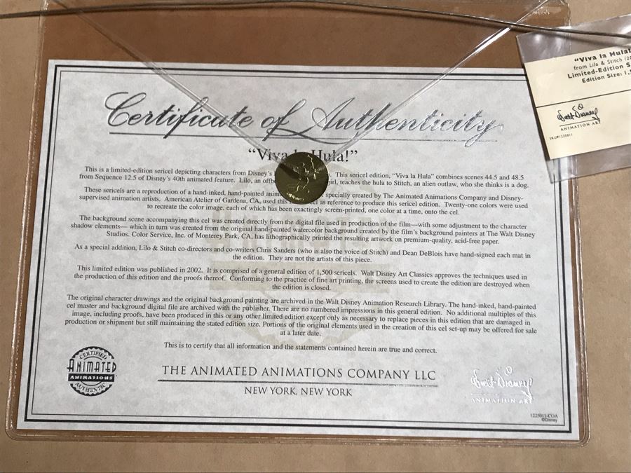 Limited Edition Walt Disney Sericel Hand Signed 'Viva La Hula!' From Lilo & Stitch Edition Size 1,500 Framed Hand Signed By Chris Sanders And Dean DeBlois With Certificate Of Authenticity 14 X 9 [Photo 9]