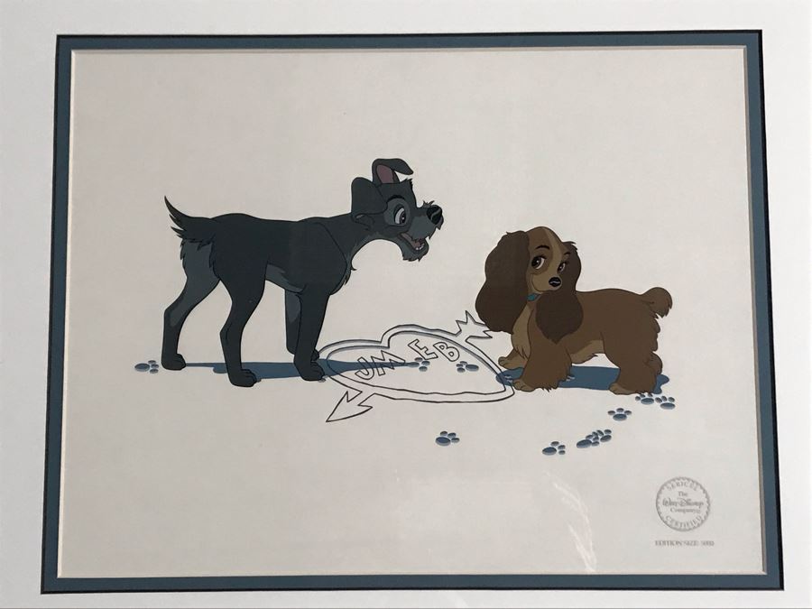 Limited Edition Walt Disney Sericel Puppy Love From Lady And The Tramp Framed Edition Size 5,000 With Certificate Of Authenticity 13 X 10 [Photo 3]