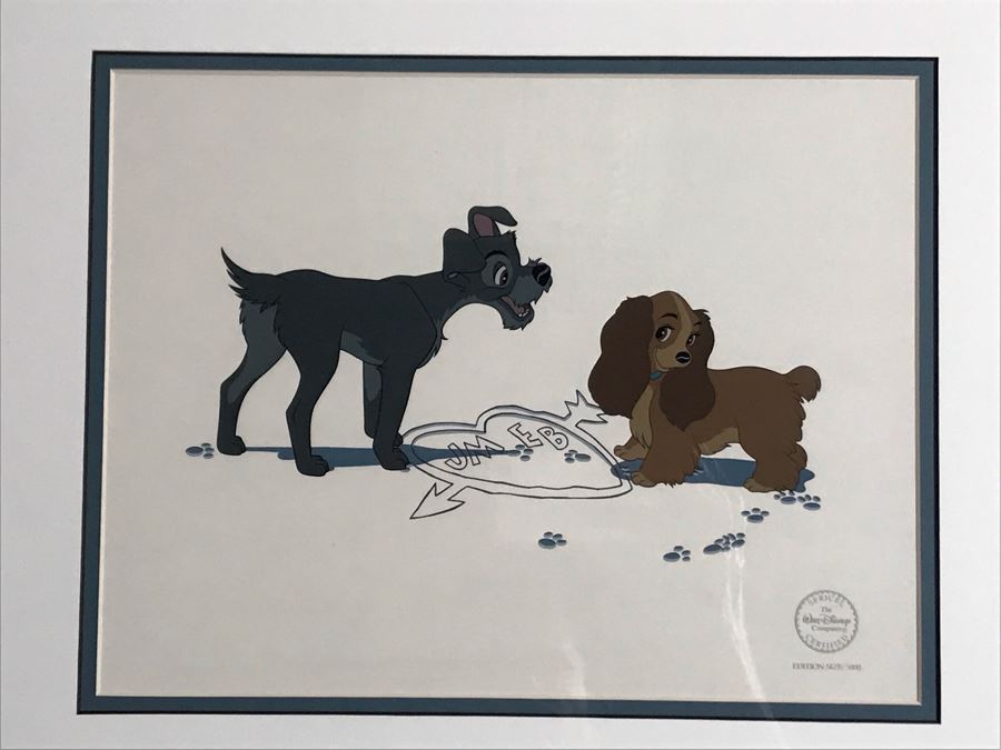 Limited Edition Walt Disney Sericel Puppy Love From Lady And The Tramp Framed Edition Size 5,000 With Certificate Of Authenticity 13 X 10 [Photo 2]