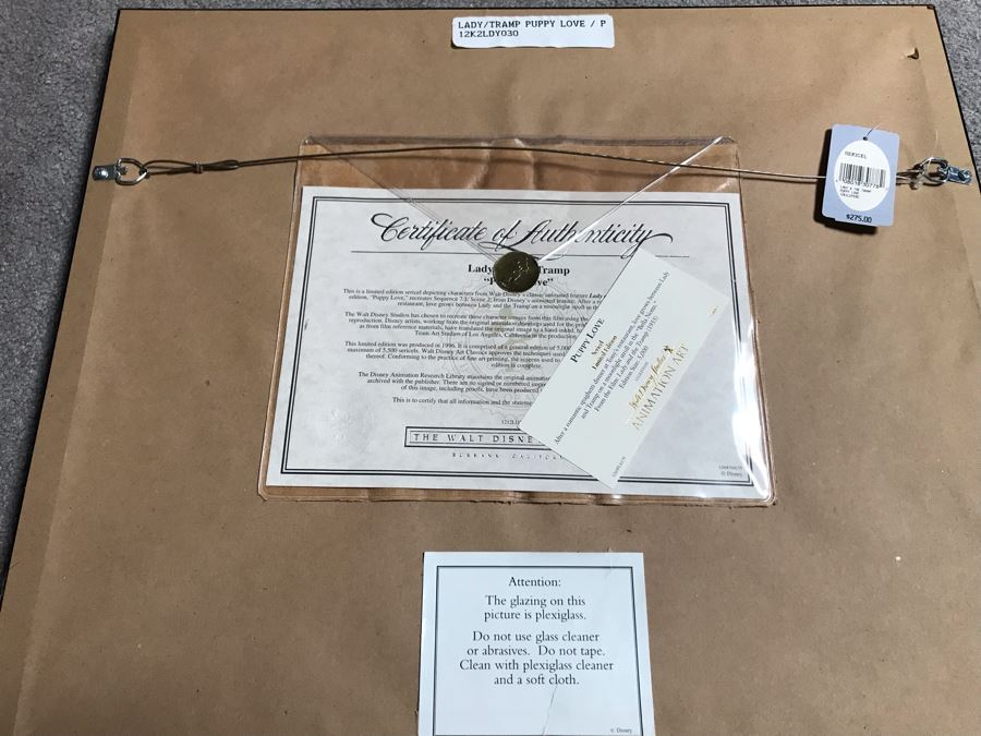 Limited Edition Walt Disney Sericel Puppy Love From Lady And The Tramp Framed Edition Size 5,000 With Certificate Of Authenticity 13 X 10 [Photo 8]