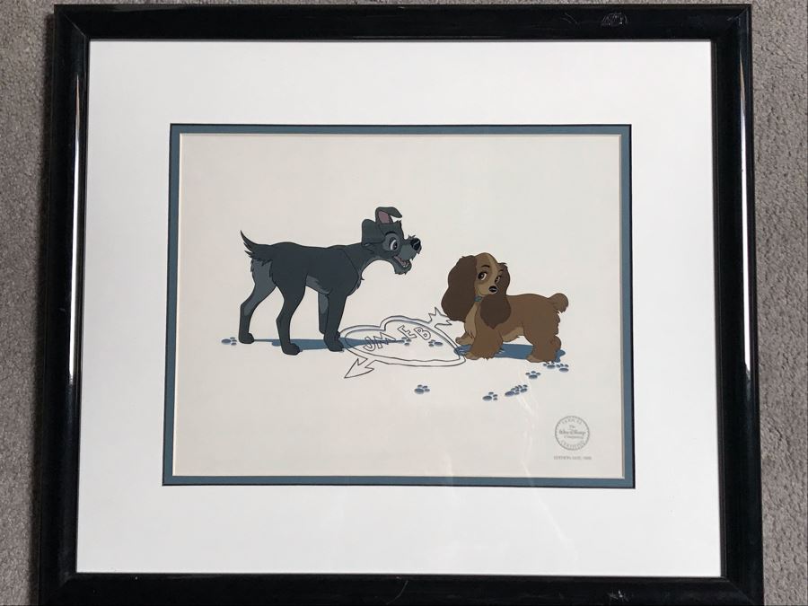Limited Edition Walt Disney Sericel Puppy Love From Lady And The Tramp Framed Edition Size 5,000 With Certificate Of Authenticity 13 X 10