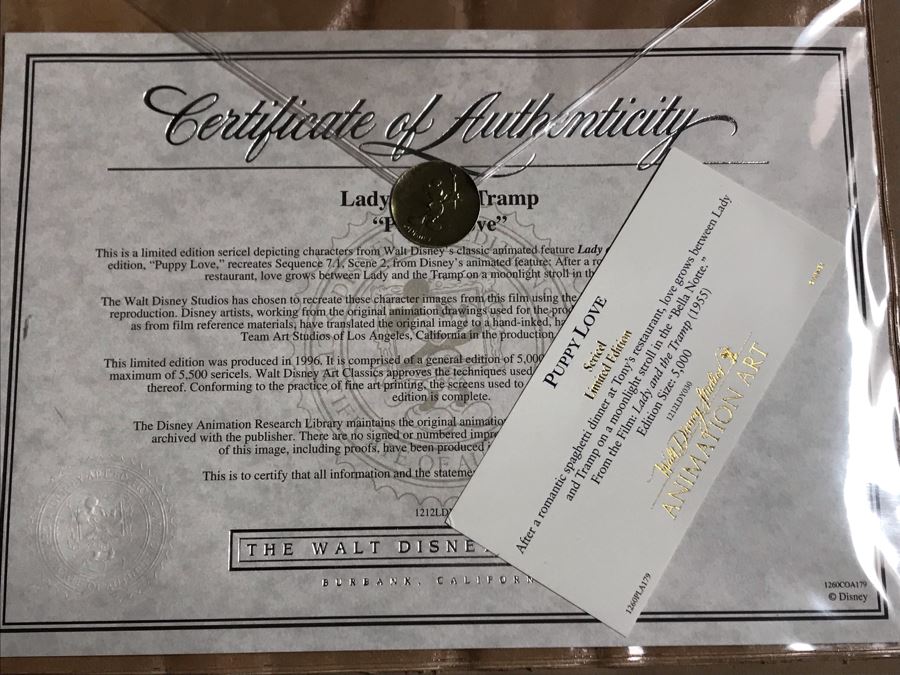 Limited Edition Walt Disney Sericel Puppy Love From Lady And The Tramp Framed Edition Size 5,000 With Certificate Of Authenticity 13 X 10 [Photo 10]
