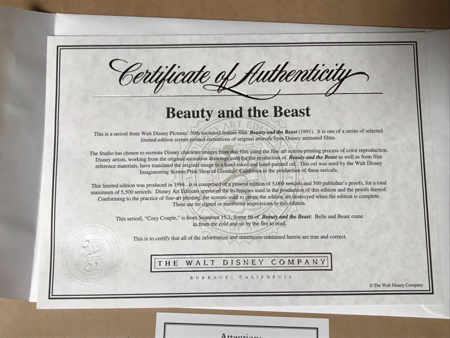 Limited Edition Walt Disney Sericel Cozy Couple From Beauty And The Beast Framed Edition Size 5,000 With Certificate Of Authenticity 13.5 X 10 [Photo 10]