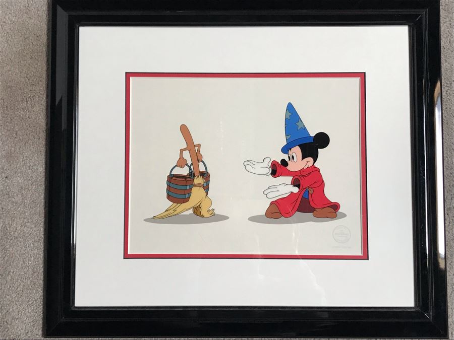 Limited Edition Walt Disney Sericel Follow Me From Fantasia Sorcerer's Apprentice Mickey Beckons Servant Broom Framed Edition Size 5,000 With Certificate Of Authenticity 13 X 10