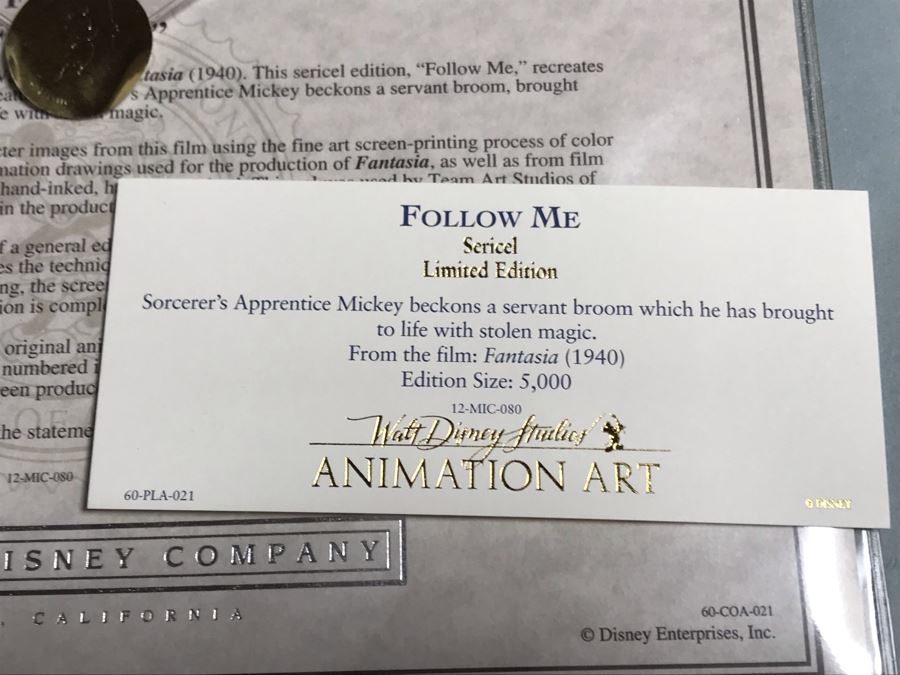 Limited Edition Walt Disney Sericel Follow Me From Fantasia Sorcerer's Apprentice Mickey Beckons Servant Broom Framed Edition Size 5,000 With Certificate Of Authenticity 13 X 10 [Photo 7]