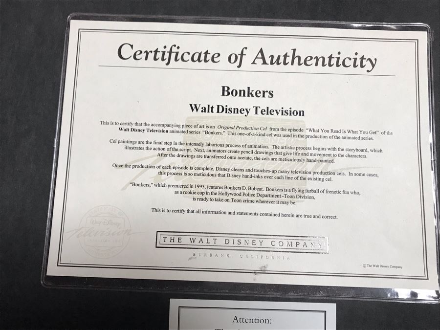 Original Production Cell From Walt Disney's Bonkers Walt Disney Television Episode 'What You Read Is What You Get' Framed Edition Size 5,000 With Certificate Of Authenticity 11.5 X 10 [Photo 6]