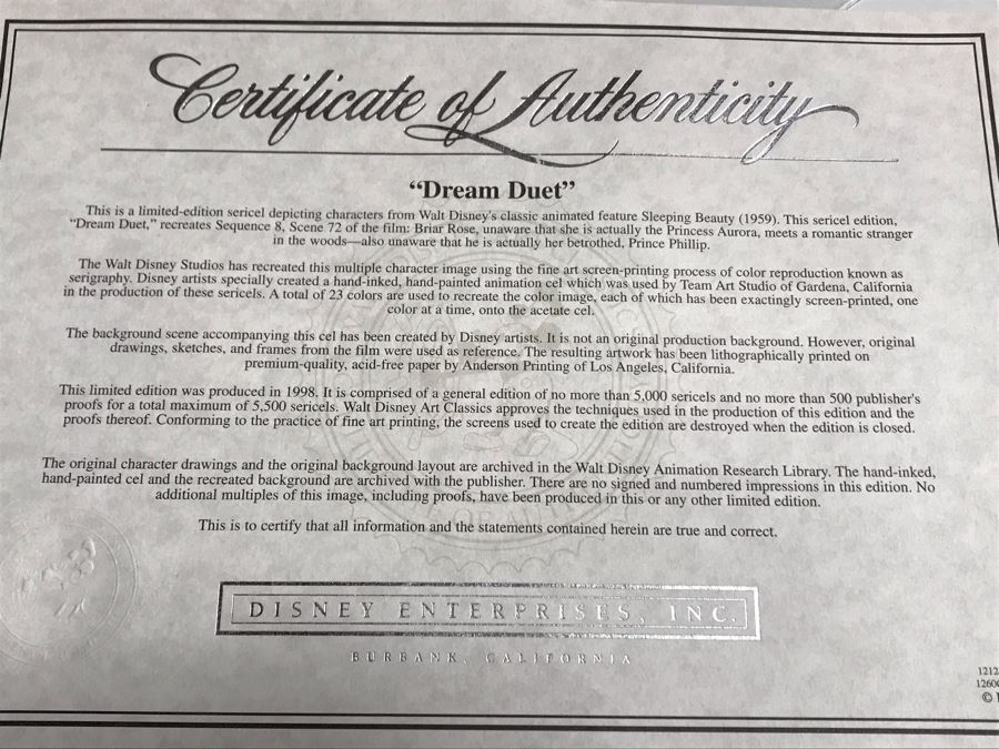 Limited Edition Walt Disney Sericel Dream Duet From Sleeping Beauty Framed Edition Size 5,000 With Certificate Of Authenticity 13 X 10 [Photo 10]