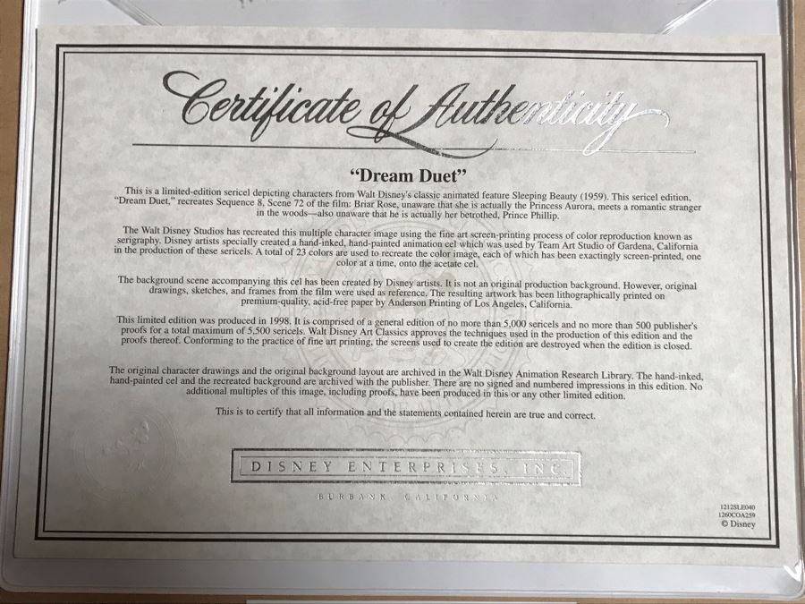 Limited Edition Walt Disney Sericel Dream Duet From Sleeping Beauty Framed Edition Size 5,000 With Certificate Of Authenticity 13 X 10 [Photo 9]