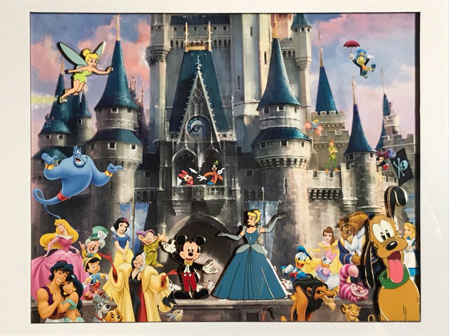 Framed Walt Disney Print Of Cinderella's Castle Featuring Pins Of Goofy, Cinderella, Mickey Mouse And Tinkerbell 10 X 8 [Photo 3]