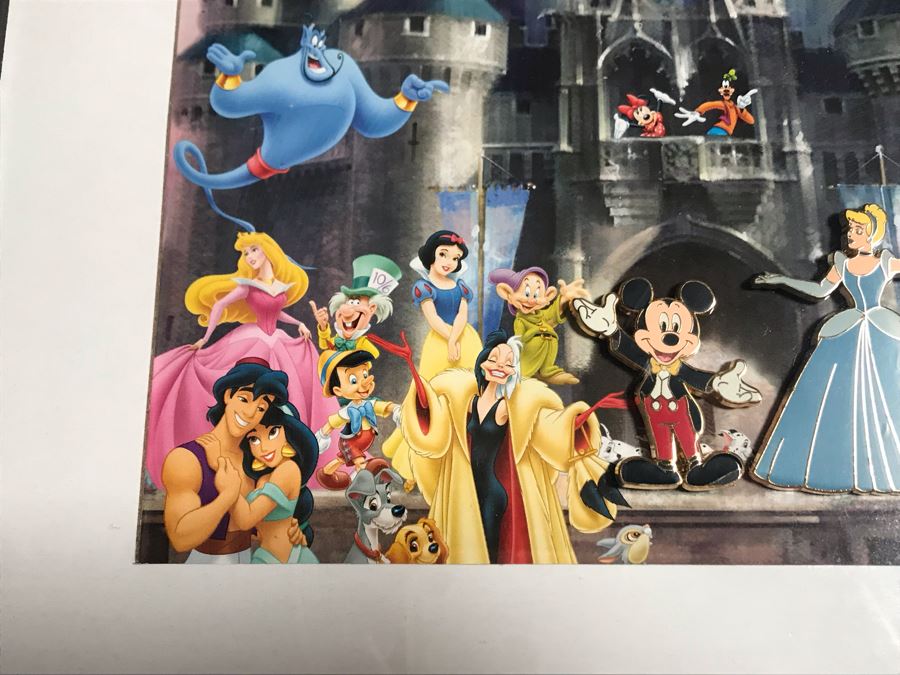 Framed Walt Disney Print Of Cinderella's Castle Featuring Pins Of Goofy, Cinderella, Mickey Mouse And Tinkerbell 10 X 8 [Photo 8]