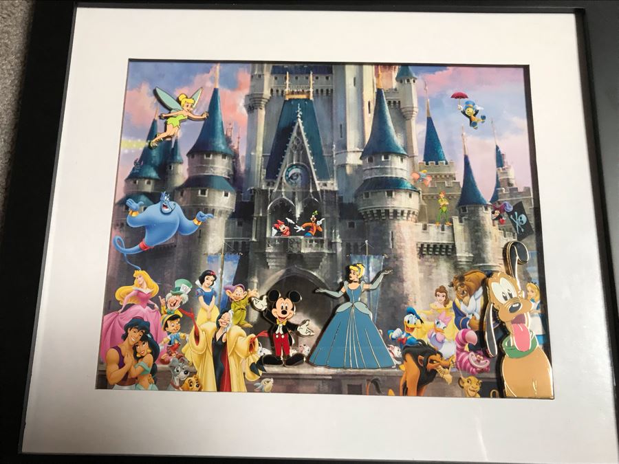 Framed Walt Disney Print Of Cinderella's Castle Featuring Pins Of Goofy, Cinderella, Mickey Mouse And Tinkerbell 10 X 8 [Photo 9]